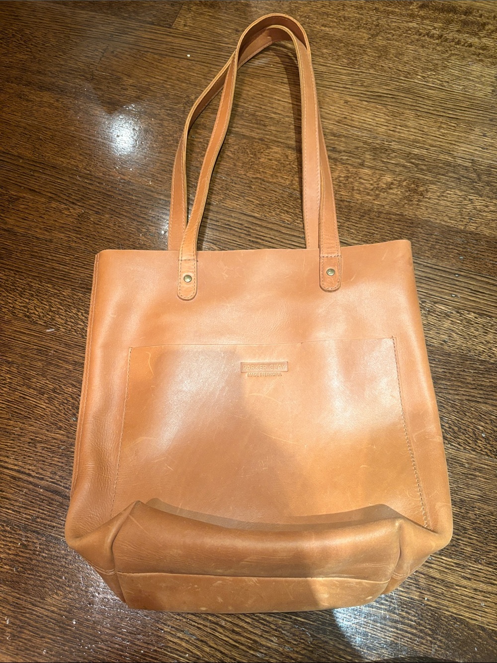 Classic Tan Leather Tote with Front Slip Pocket